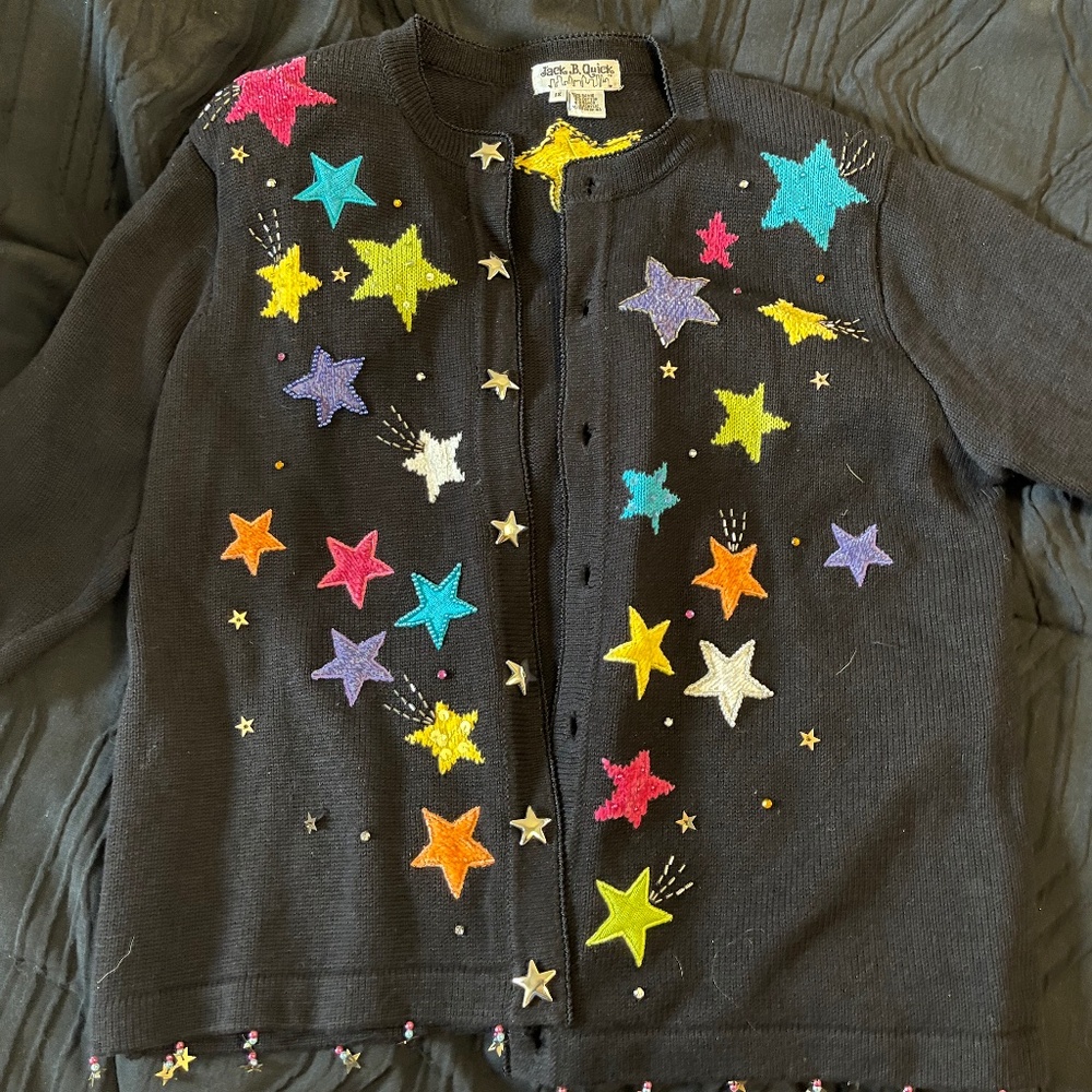 Vintage Y2K Star Cardigan Sweater Colorful Retro Grunge Indie Oversized XL